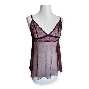 Victoria's Secret Lace Chantilly Dot Sheer Mesh Babydoll Lingerie Burgandy NWT S
